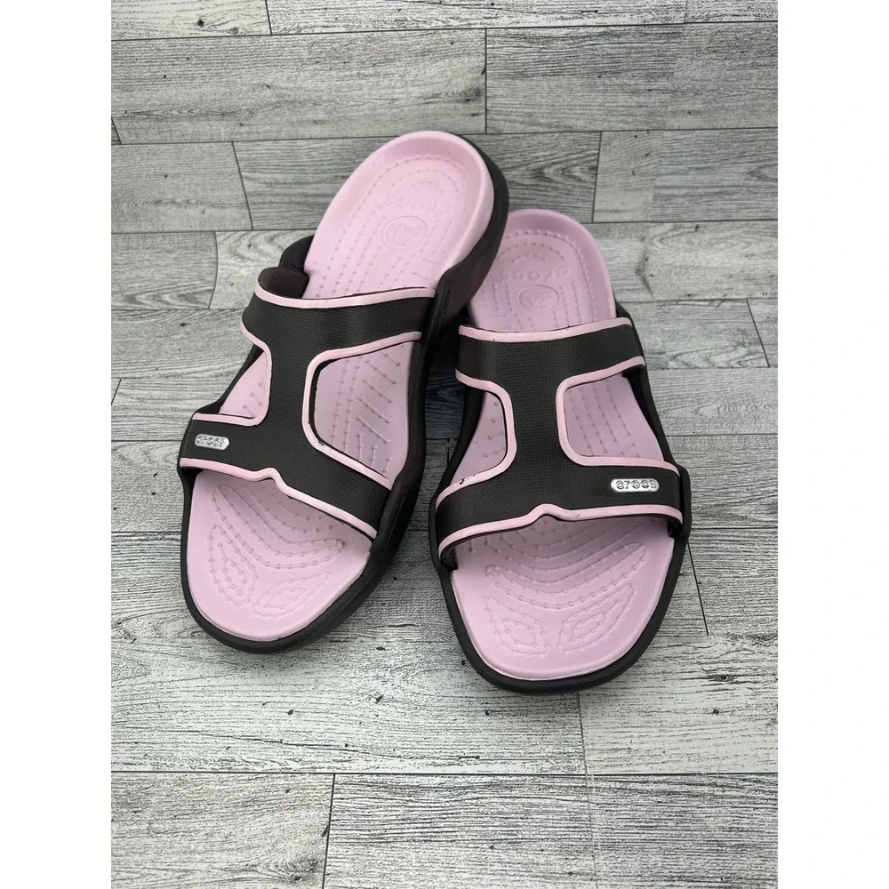 Crocs Women Slide Sandals Brown Pink‎ Dual Strap Slip On Shoes Size 11